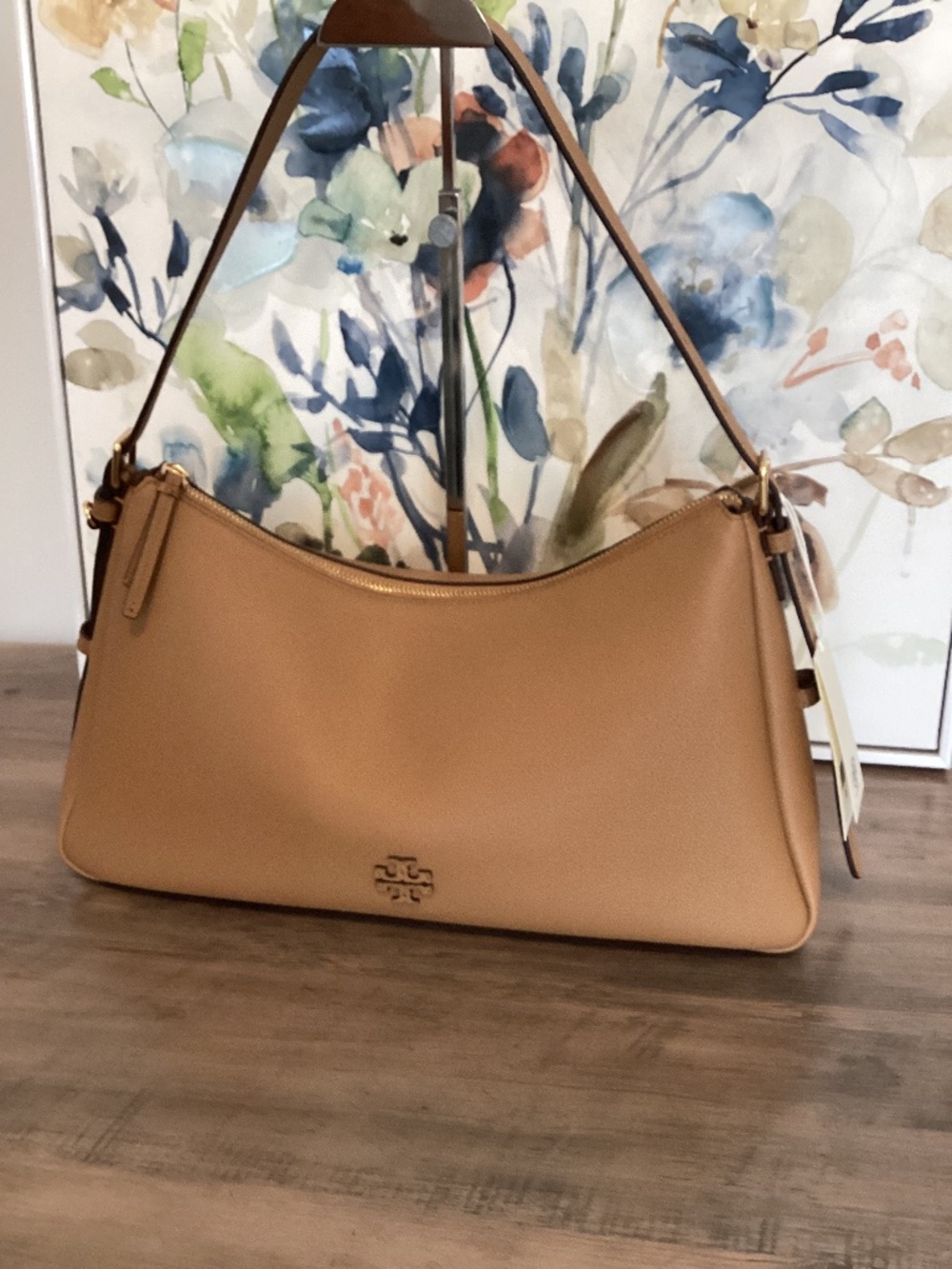 Tory Burch Thea Top Zip Pebbled Leather Shoulder Bag in Tiramisu